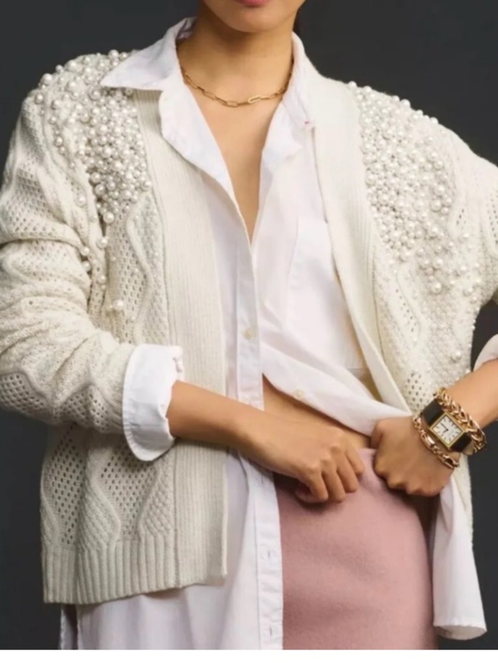 Anthropologie Pearl Embellished Cable Knit Cardigan